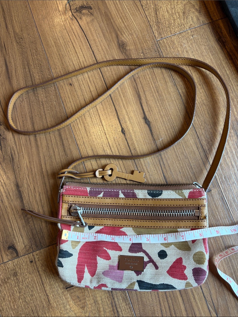 Fossil Floral Canvas Crossbody in Tan and Pink